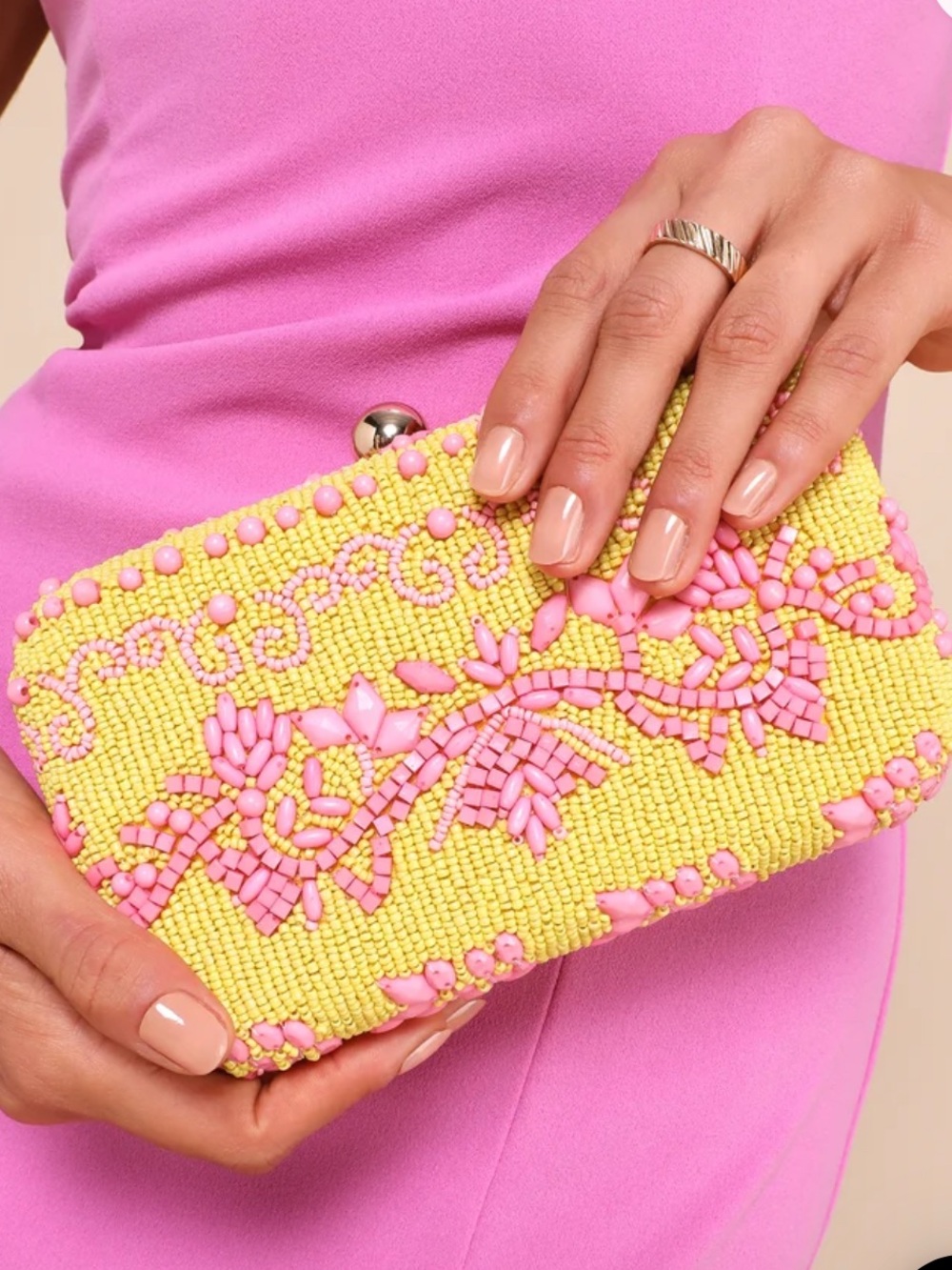 Exceptional Excellence Yellow and Pink Beaded Hard Clutch | Lulus